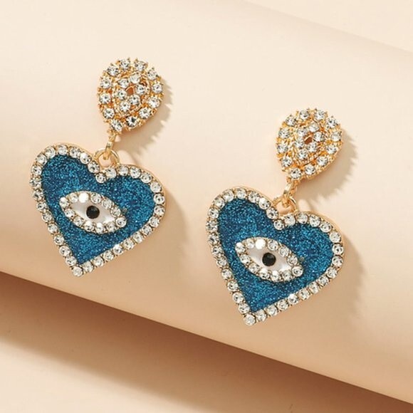 Blue and Gold Eye Heart Earrings with rhinestone details. Fabulous !!!!! - Picture 1 of 3